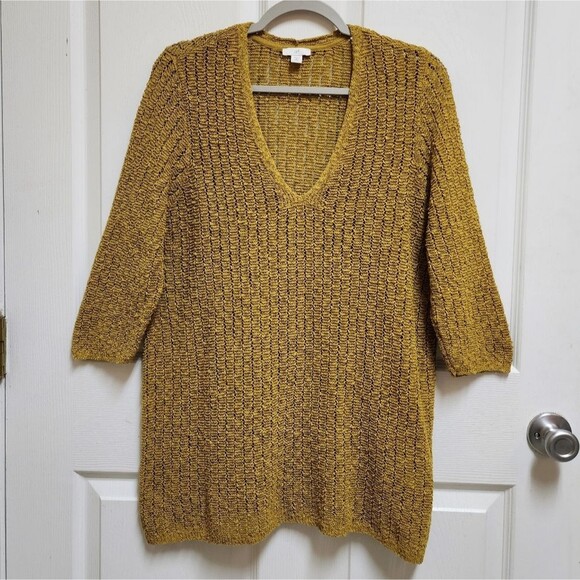J Jill Sweater Women XL Petite Yellow Open Weave V Neck 3/4 Sleeve Boho Casual - Picture 1 of 10